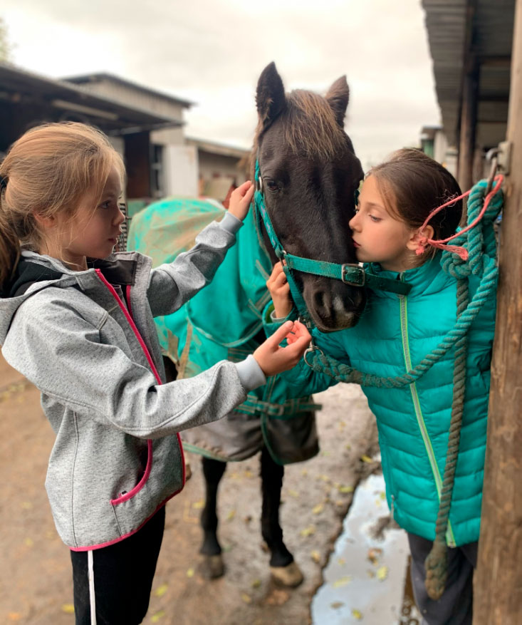 Two Girls Grooming a Pony